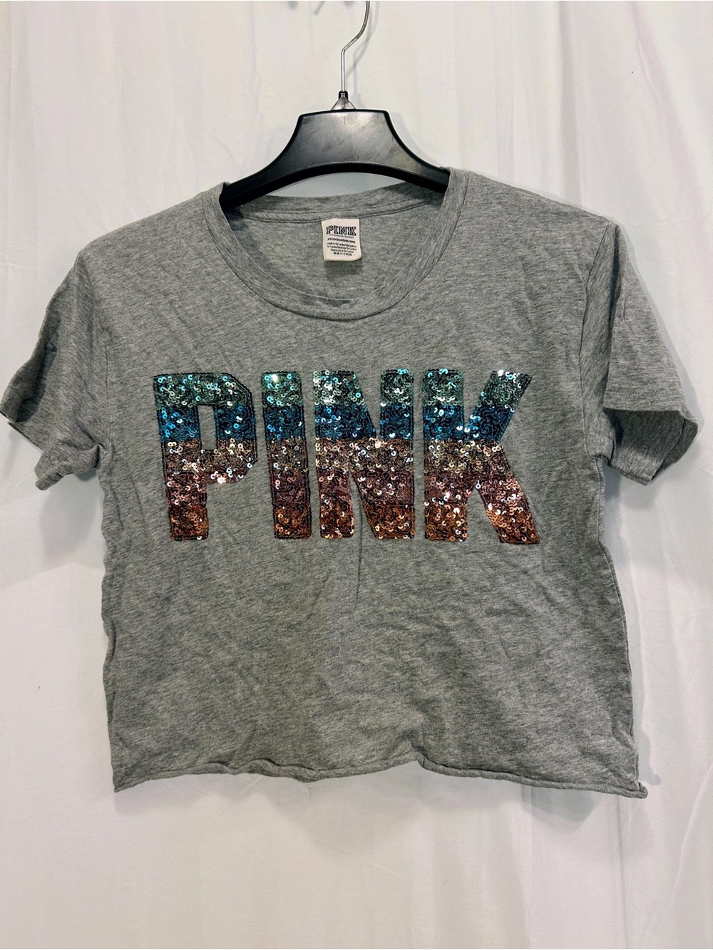 PINK Sequin Logo Crop Tee - Gray with Teal & Copper Sequins